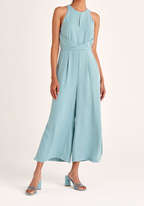 Paisie Detailed Waist Halterneck Jumpsuit in Teal